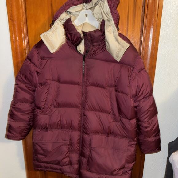 Lands End Large 14 16 Ladies Goose Down Puffer Coat Reversible Burgundy Tan - Picture 1 of 14